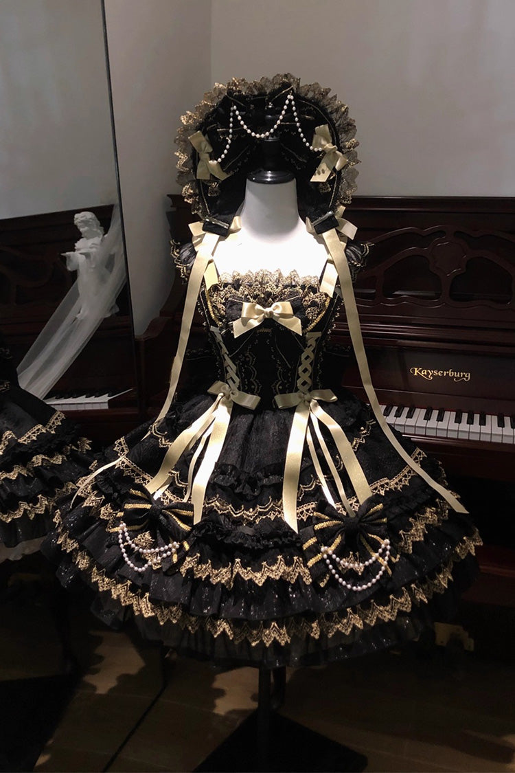 Black [Gilded Memories] Sleeveless Double-Layered Ruffle Hot Stamping Bowknot Lace Sweet Lolita Jsk Dress