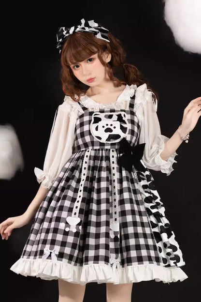 Black/White Plaid Print Cow Ruffle Bowknot Cat Claw Planet Sweet Lolita Jsk Dress