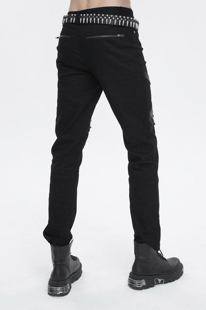 Black Thigh Position Buckle Splice Men's Punk Pants