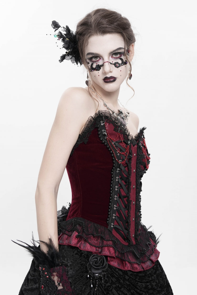 Red Sleeveless Beaded Lace Lace-Up Women's Gothic Overbust Corset