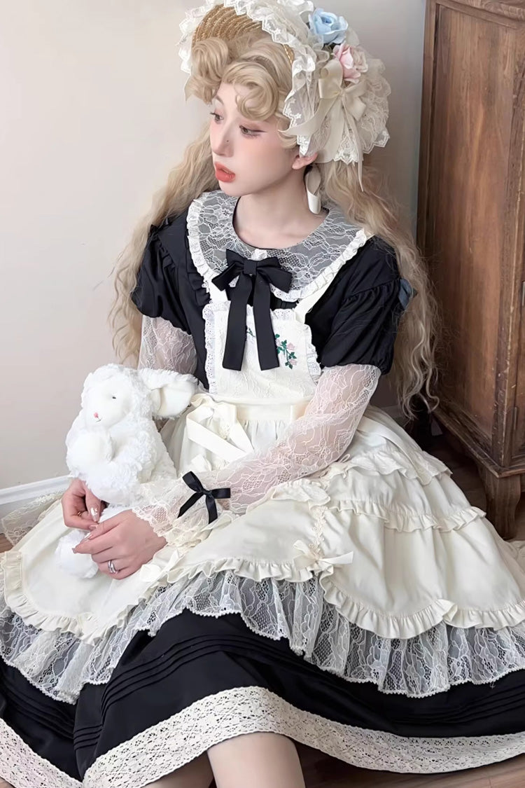 Black [Mist over Flowers Along the Path] Lapel Collar Long Sleeves Embroidery Bowknot Lace Sweet Lolita Dress
