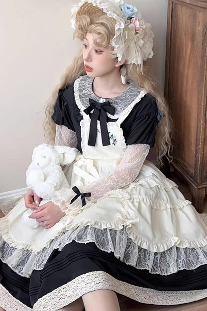 Black [Mist over Flowers Along the Path] Lapel Collar Long Sleeves Embroidery Bowknot Lace Sweet Lolita Dress