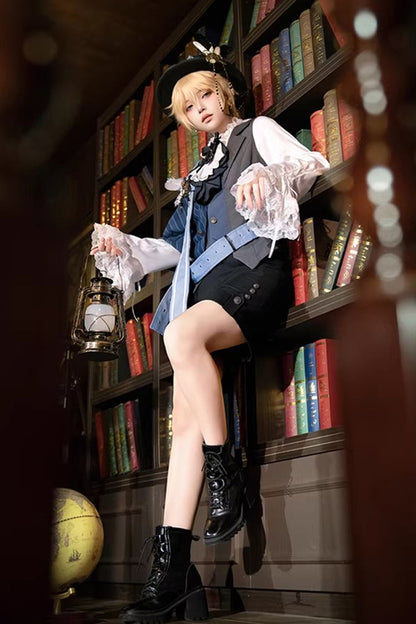 White/Grey/Blue [Age of Machines] Bow Asymmetric Punk Prince Ouji Lolita Shorts Vest Cloak Set