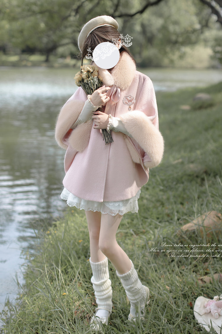 Pink Long Sleeves Lace Sweet Japanese Lolita Fluffy Cloak Coat