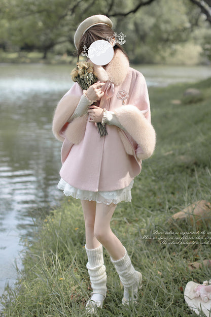 Pink Long Sleeves Lace Sweet Japanese Lolita Fluffy Cloak Coat
