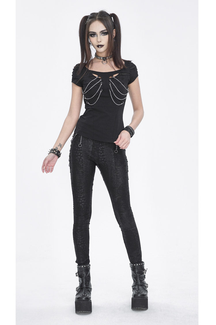 Black Short Sleeves Hollow Ripped Women's Steampunk T-Shirt