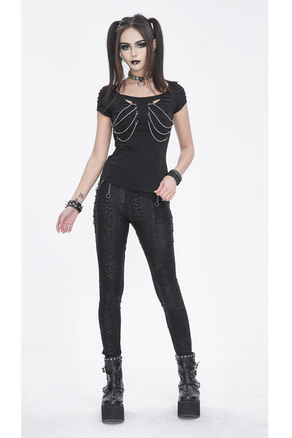 Black Short Sleeves Hollow Ripped Women's Steampunk T-Shirt