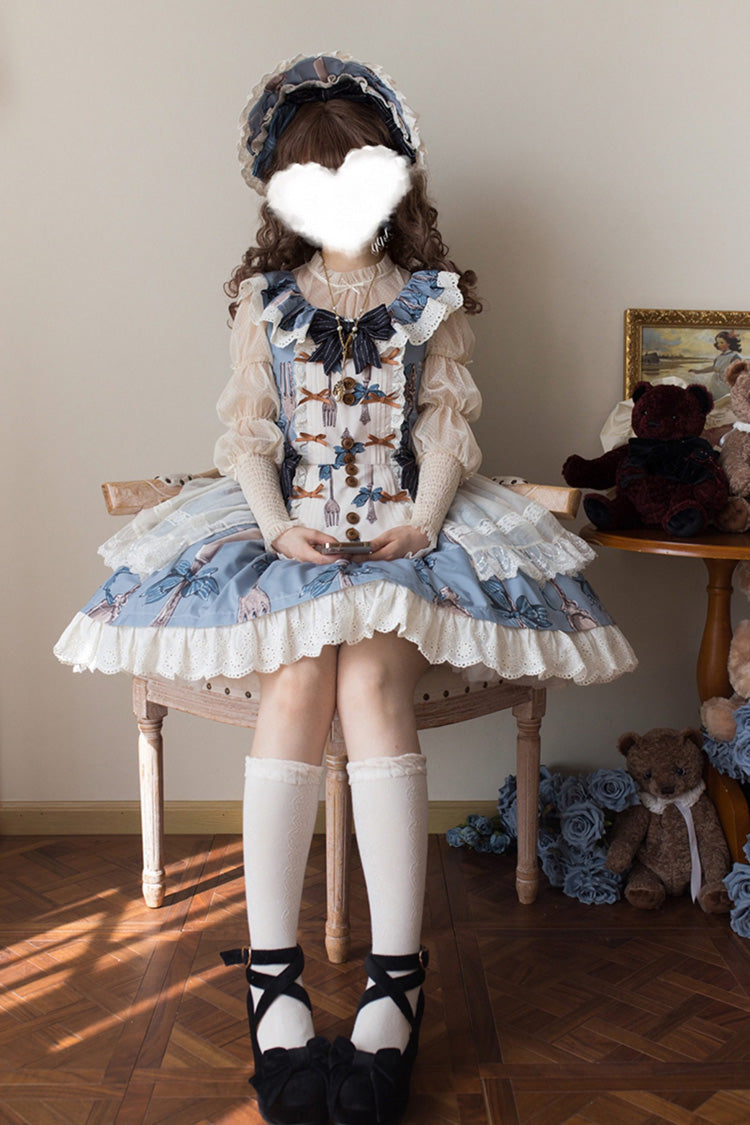 Blue [The Witch’s Banquet] Sleeveless Printed Ruffled Embroidered Bow Lace Sweet Lolita Jsk Dress