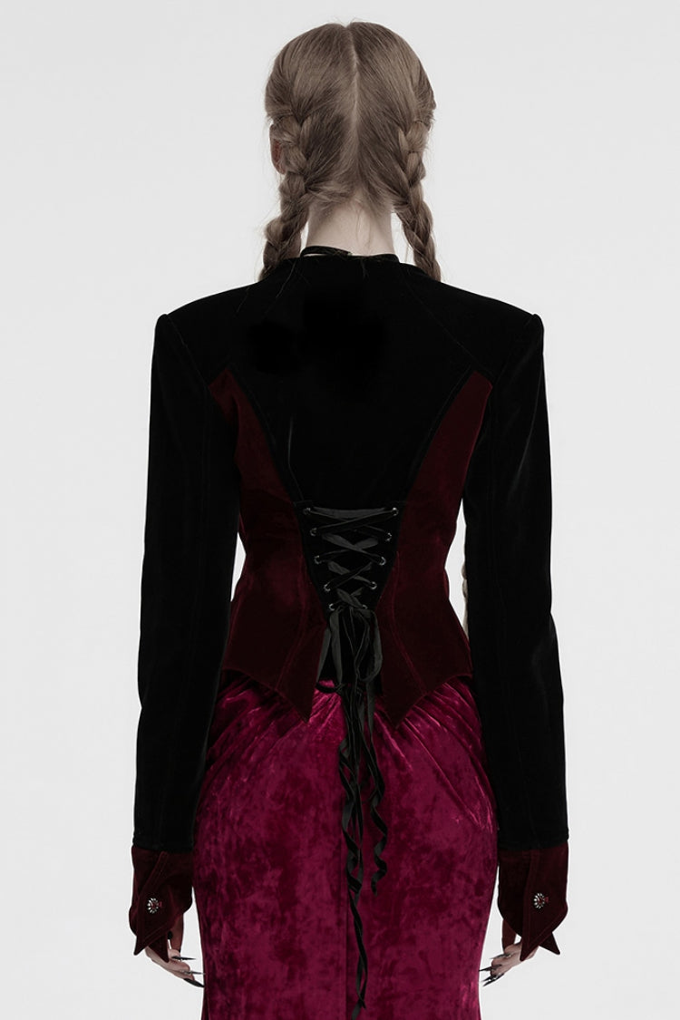Black/Red V Collar Long Sleeves Floral Embroidery Lace-Up Women's Gothic Jacket