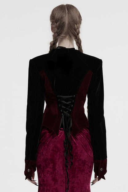 Black/Red V Collar Long Sleeves Floral Embroidery Lace-Up Women's Gothic Jacket