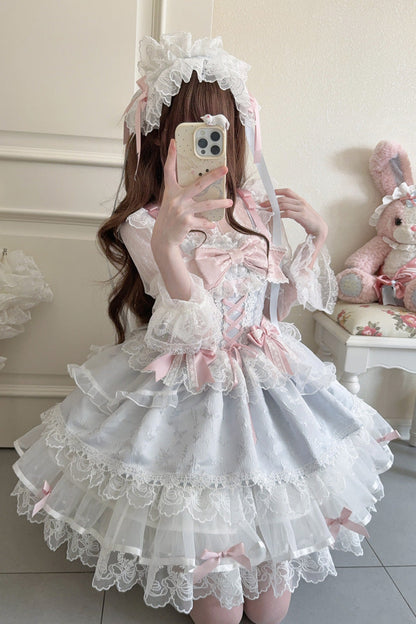 Blue [Fleishi Island] Sleeveless Ruffle Bowknot Lace Slim Sweet Ballet Lolita Jsk Dress