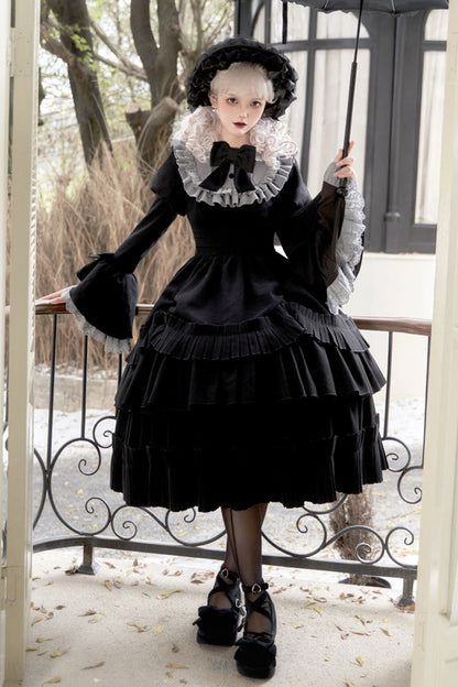 Black [Chapter of the Night] Long Hime Sleeves Ruffle Bowknot Gothic Lolita Dress