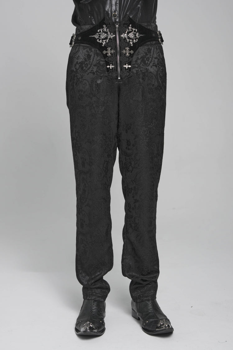 Black Printed Lace-Up Buckled Zippered Men's Gothic Pants