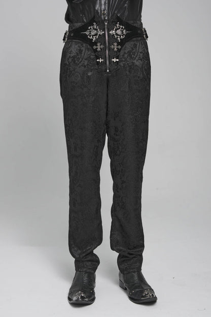 Black Printed Lace-Up Buckled Zippered Men's Gothic Pants