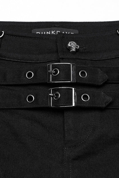 Black Women's Punk Studded Distressed Shorts with Detachable Kilt