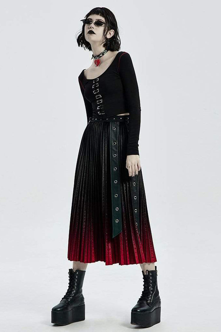 Black Round Collar Long Sleeve Front Metal Square Eyelets Decoration Short Tight Women's Punk T-Shirt