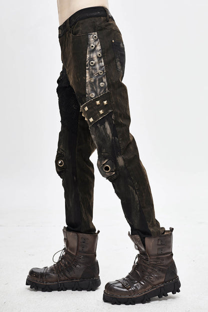 Brown Metallic Spiked Ragged Punk Slim Mens Pants