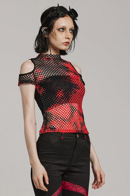 High Collar Hollow Stitching Tie-dyed Off-The-Shoulder Womens Steampunk T-Shirt 3 Colors