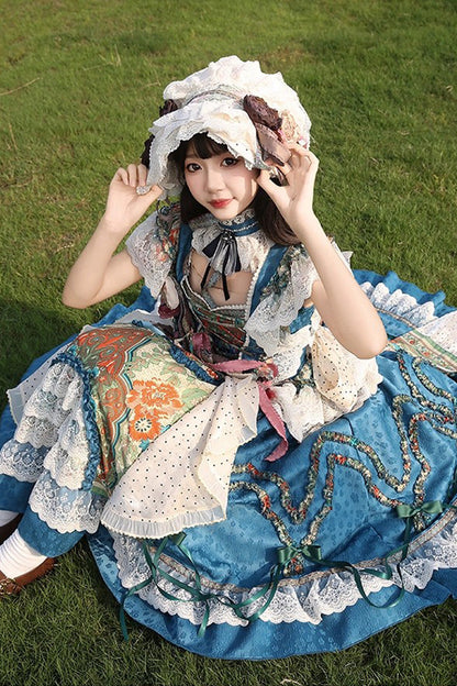 Blue [Lake Monet] Sleeveless High Waisted Print Ruffle Cardigan Bowknot Lace-Up Classic Vintage Elegant Princess Lolita Jsk Dress