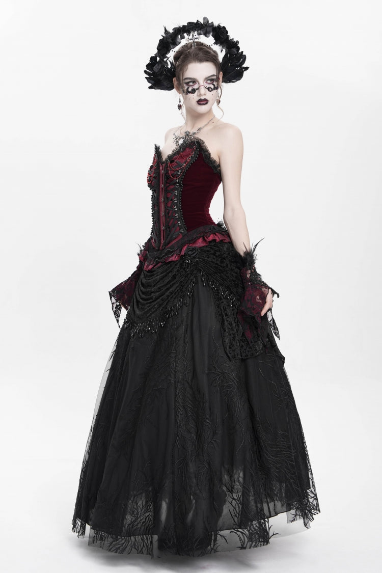 Red Sleeveless Beaded Lace Lace-Up Women's Gothic Overbust Corset