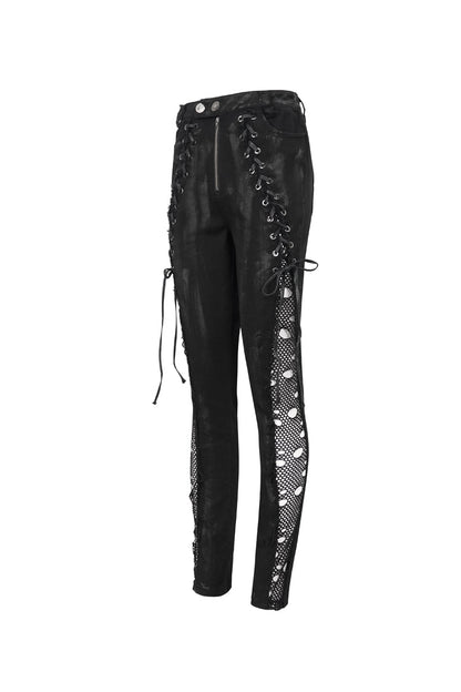Black Stretch Twill Paneled Mesh Perforated Women's Punk Trousers