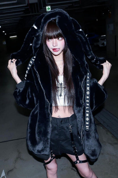 Black Rabbit Ears Long Sleeves Hooded Punk Jirai Kei Coat