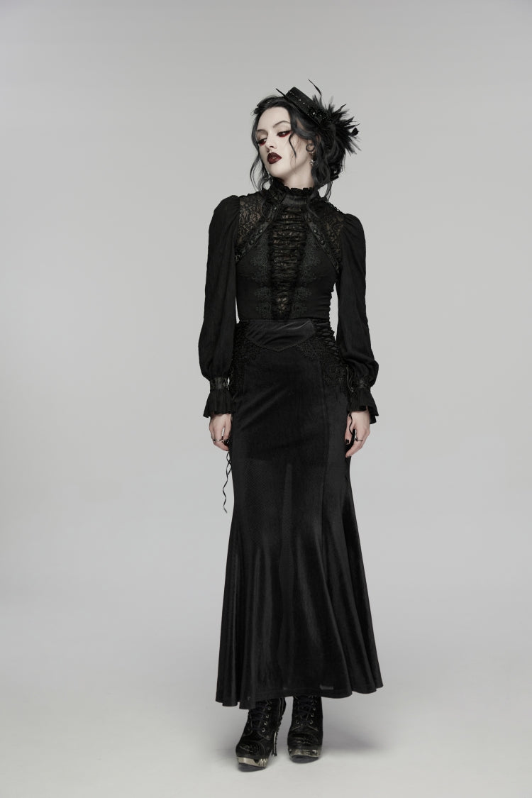 Black Stand Collar Long Sleeves Lace Lace-Up Slim Women's Gothic Blouse