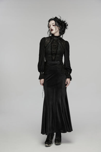 Black Stand Collar Long Sleeves Lace Lace-Up Slim Women's Gothic Blouse