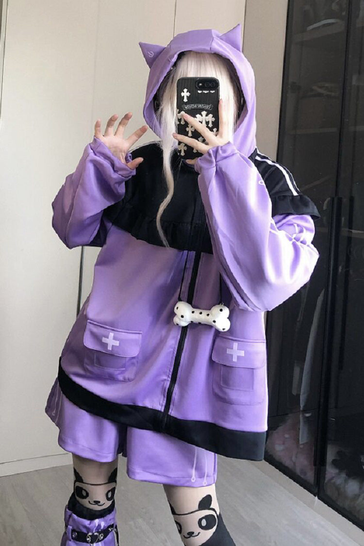Purple Long Sleeves Cat Ears Hooded Jirai Kei Japanese Shorts Coat Set