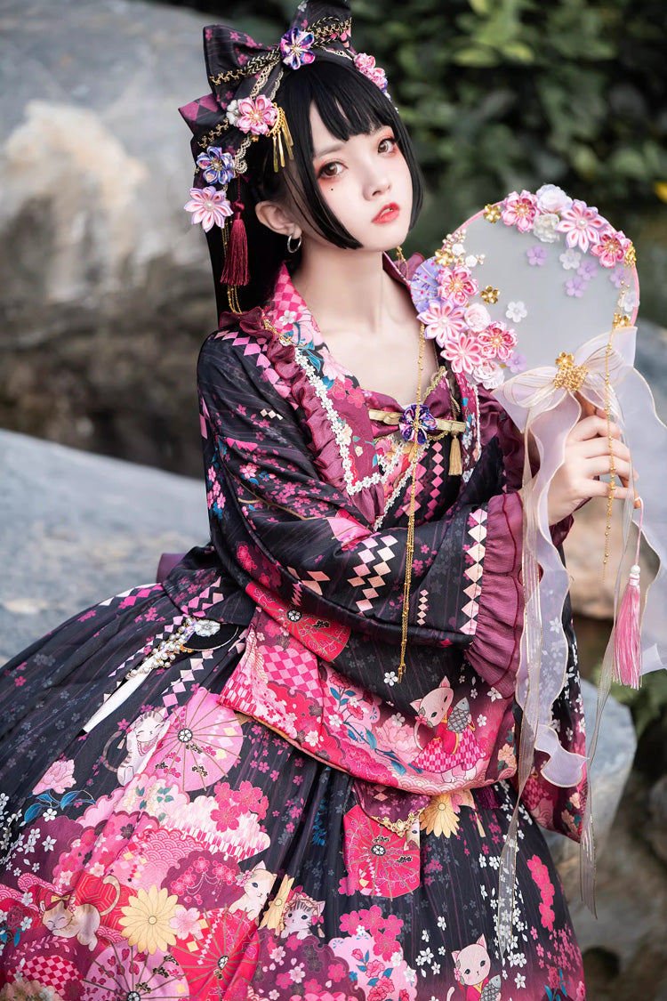 Black/Red [Cherry Blossom Cat Islet] Sleeveless Printed Ruffled Bow Sweet Lolita Jsk Dress Set