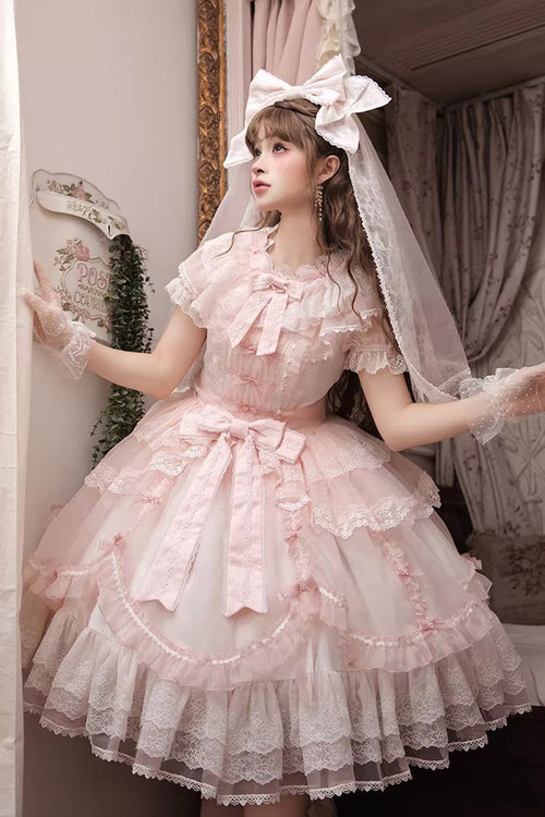 Pink [Candy Flavor] Round Collar Short Sleeves Ruffled Bow Lace Sweet Gorgeous Lolita OP Dress