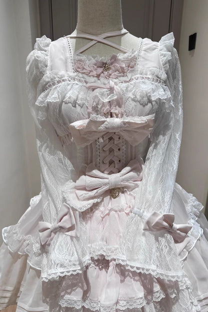 Sweet Square Collar Long Sleeves Lace Ruffle Bowknot Stitching Lace-Up Japanese Plus Size Lolita Dress 3 Colors