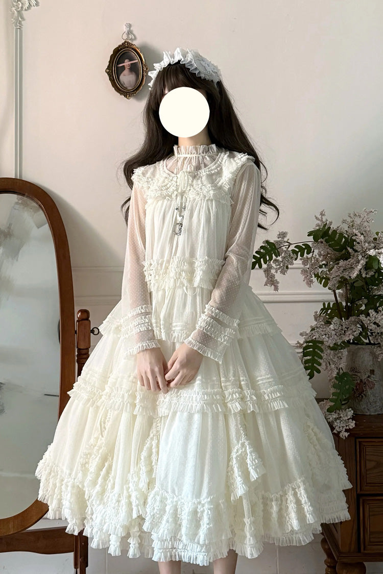 Sweet Stand Collar Long Sleeves Multi-Layered Ruffled Color-Blocked Lolita Tiered Dress 14 Colors