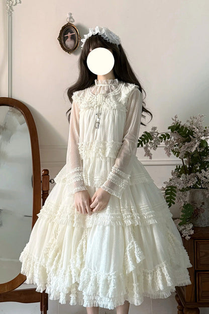 Sweet Stand Collar Long Sleeves Multi-Layered Ruffled Color-Blocked Lolita Tiered Dress 14 Colors