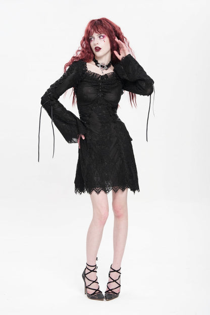 Black Square Collar Long Trumpet Sleeves Embroidered Lace-Up Women's Gothic Dress