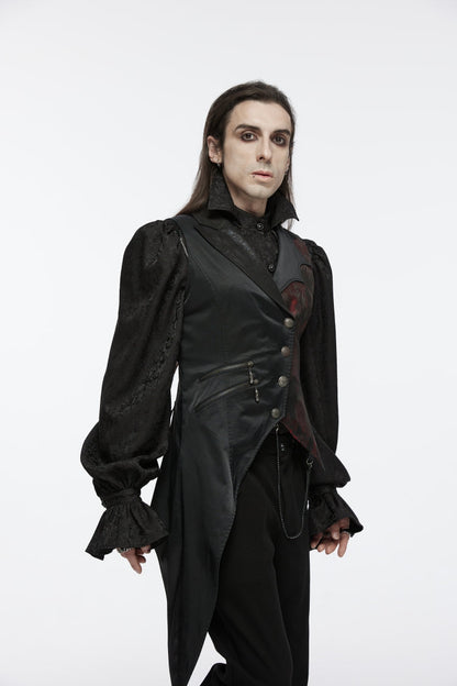 Black V Collar Sleeveless Embroidery Lace Asymmetric Men's Gothic Vest