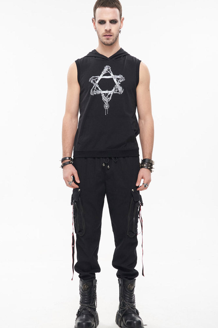 Black Punk Multi Pocket Webbing Decorative Drawstring Men's Long Pants
