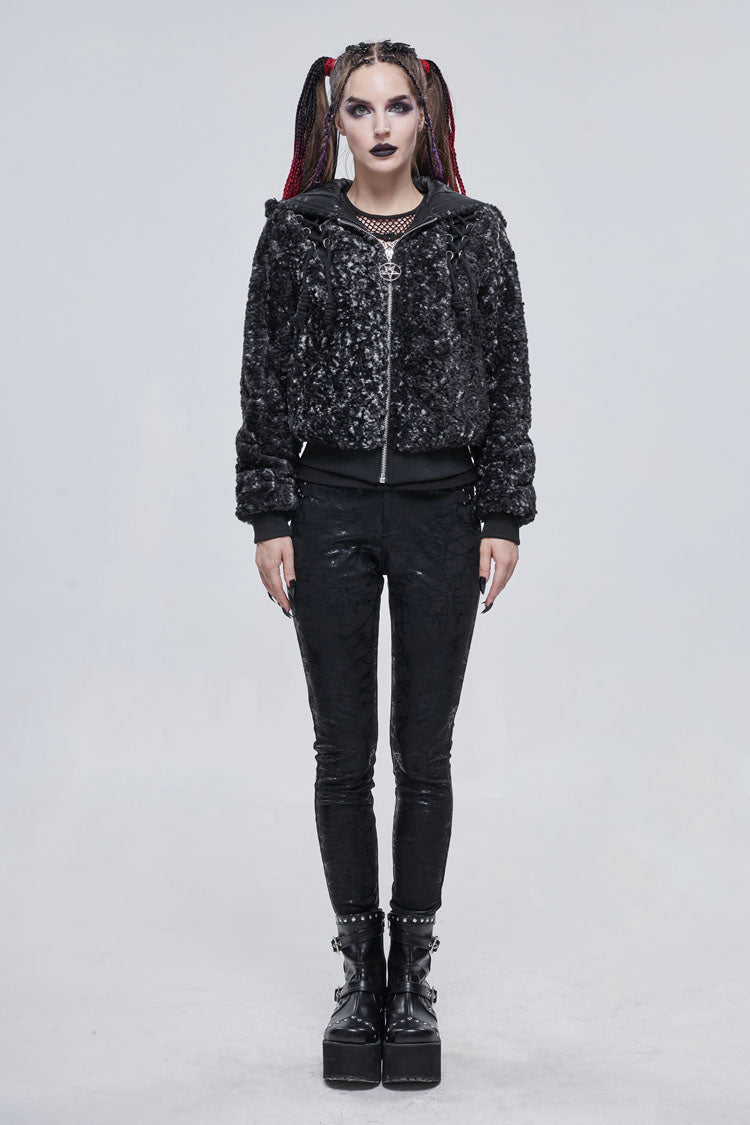 Black/White Two Tone Woolen Grain Fleece Metal Five Pointed Star Zipper Women's Punk Coat