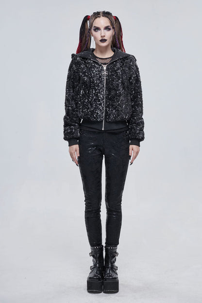 Black/White Two Tone Woolen Grain Fleece Metal Five Pointed Star Zipper Women's Punk Coat