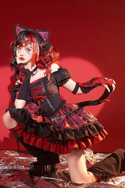 Black/Red Print Ruffle Lace-Up Gothic Japanese Princess Lolita JSK Dress