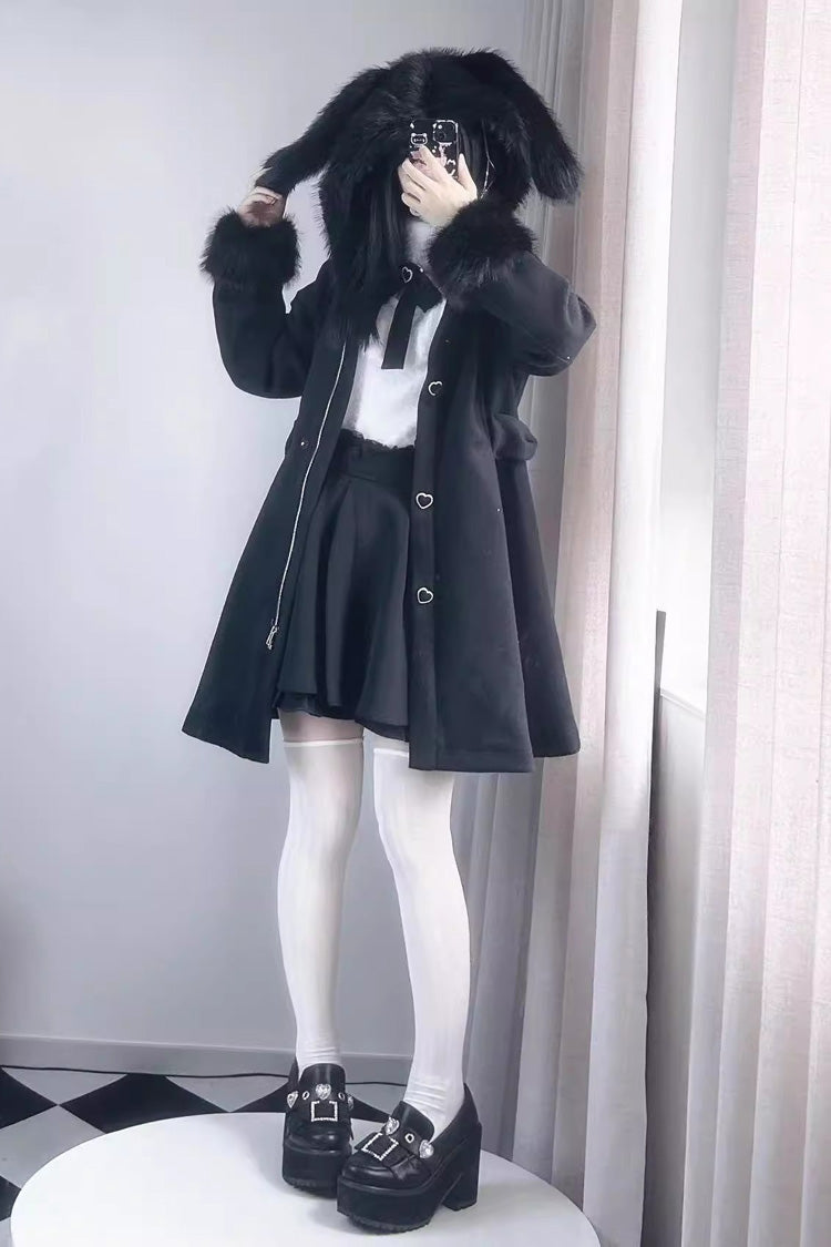 Plush Lop Rabbit Long Sleeves Hooded Detachable Sweet Jirai Kei Lolita Coat 2 Colors