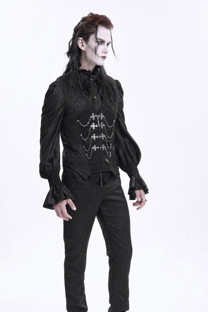 Black Sleeveless Jacquard Chain Buckle-up Men's Gothic Vest