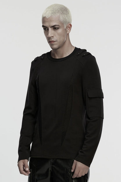 Black Round Collar Long Sleeves Cut-Out Spliced Mesh Men's Punk T-Shirt