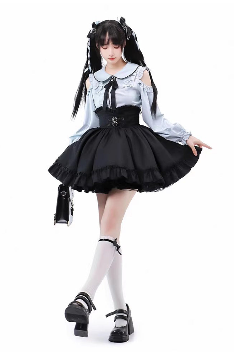 Black/Blue Off Shoulder Long Sleeves Ruffle Bowknot Sweet Jirai Kei Japanese Set