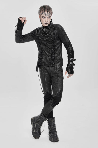 Black Stitching Lace-Up Mesh Chain Men's Punk Blouse