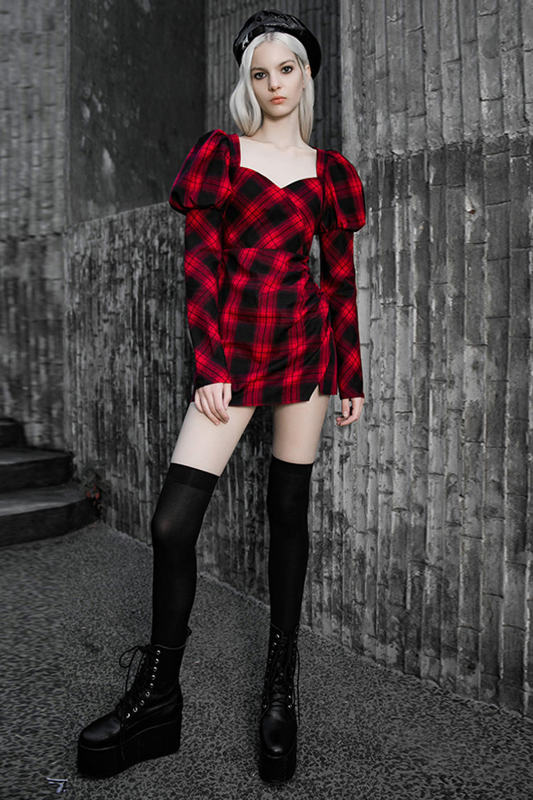Black/Red Lattice High Waist Long Sleeve Women's Steam Punk Belted Dress
