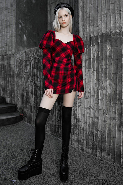 Black/Red Lattice High Waist Long Sleeve Women's Steam Punk Belted Dress