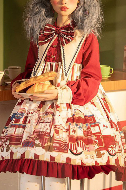 Red Lapel Collar Bowknot Lantern Long Sleeved Popcorn Print Sweet Lolita OP Dress