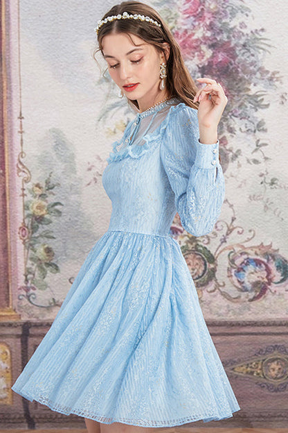 Blue Vintage Lace Round Collar Long Sleeves Sweet Lolita OP Dress