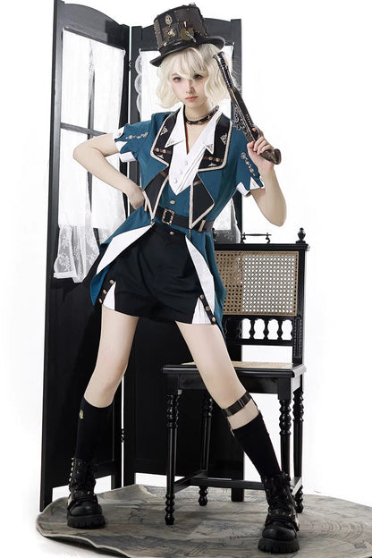 Black/Green [Anlexia Bookstore] Square Collar Short Sleeves Embroidered Studded Gothic College Style Prince Handsome Ouji Lolita Set